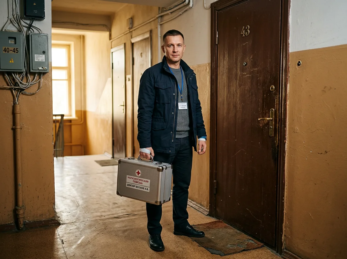 Врач-нарколог в гражданской одежде с медицинским чемоданом стоит у двери квартиры в Москве, готов к выезду, уверенный профессиональный вид
