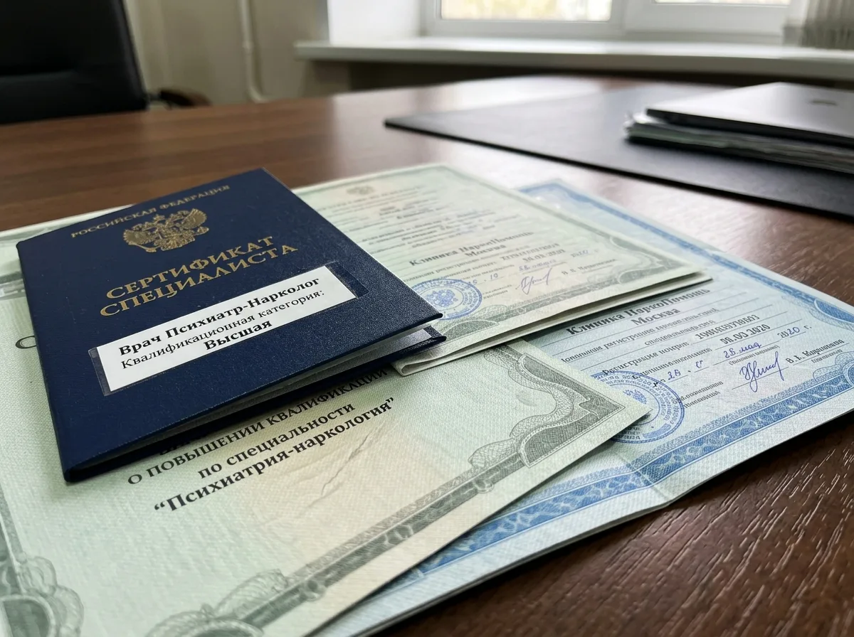 Сертификаты специалистов психиатров-наркологов клиники НаркоПомощь Москва, официальные медицинские документы о квалификации врачей, стопка синих и зелёных бланков