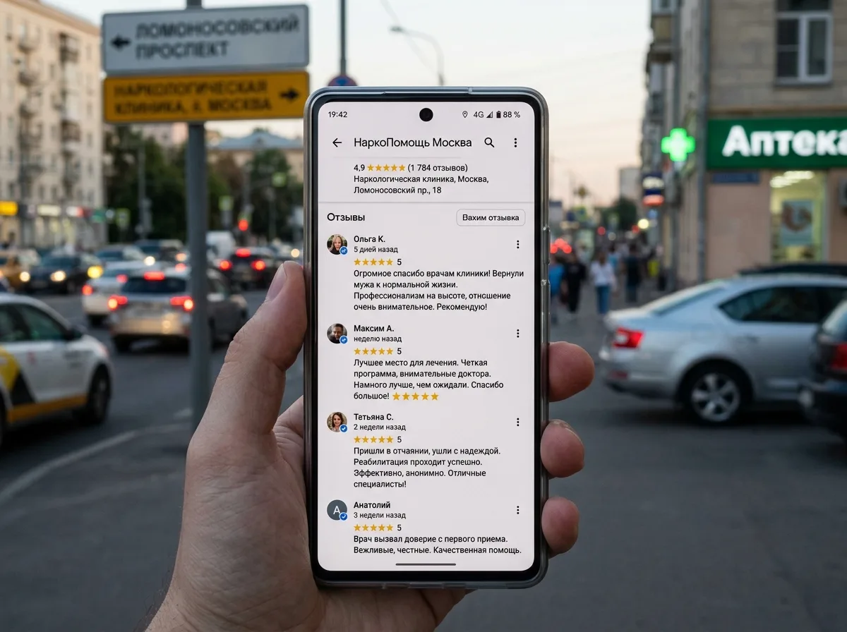 Скриншоты отзывов на Яндекс.Картах и Google Maps для наркологической клиники НаркоПомощь Москва, высокий рейтинг, множество отзывов, интерфейс карт крупным планом